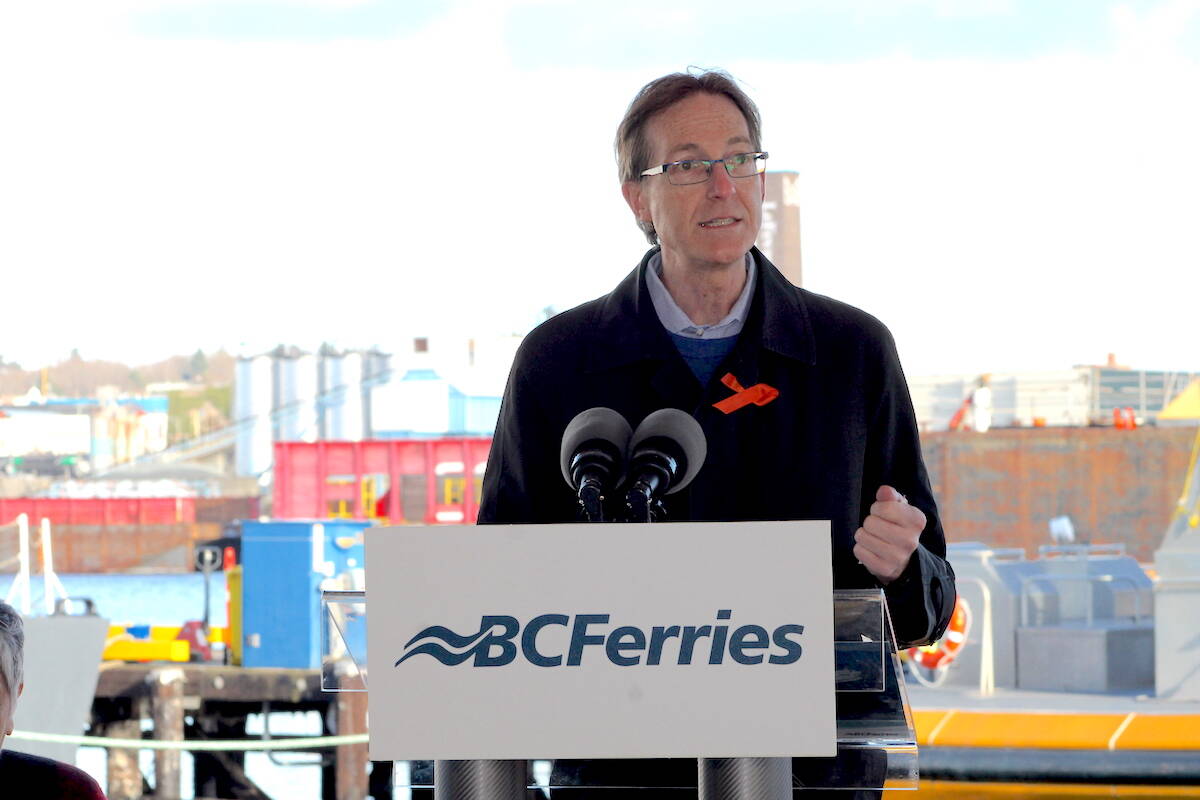 BC Ferries CEO Nicolas Jimenez speaks at the unveiling of the renamed Puneluxutth vessel on Dec. 1. (Jake Romphf/News Staff)