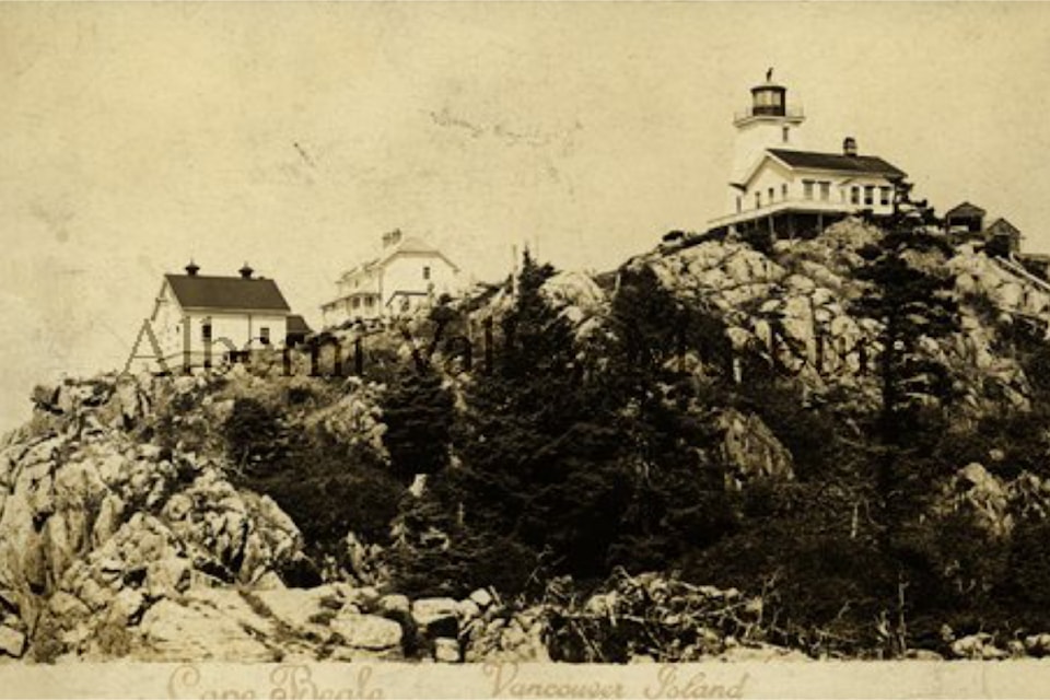 The original Cape Beale Lighthouse and Keepers Residence, built in 1874 off the West Coast of Vancouver Island, was the first lighthouse established on the west coast of the Island and the third in British Columbia. This image was captured by Wright Porritt, a renowned B.C. Postcard photographer from the turn of the 20th century. Porritt's photography is featured in many of the 24,000 photos included in the AV Museum's online digital archives, accessible at https://portalberni. pastperfectonline.com.  (PHOTO PN00813 COURTESY ALBERNI VALLEY MUSEUM)