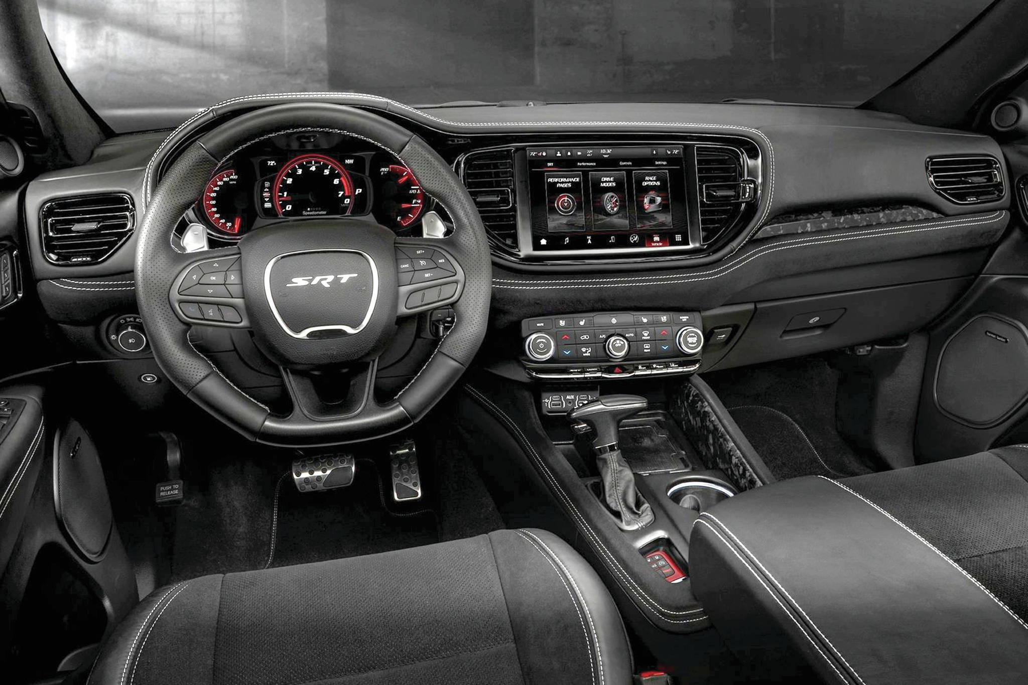 Dodge says the Durango’s dash layout is driver-centric, like that of the Dodge Challenger, and that the Uconnect infotainment system is five times faster. Note the available 10.1-inch screen. PHOTO: DODGE