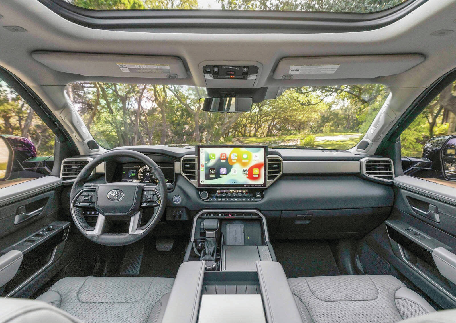 All but the base-model trim comes with a 14-inch touch-screen that resides between a set of prominent air vents and above the dual-armrest floor console, which houses a chunky shift lever. PHOTO: TOYOTA