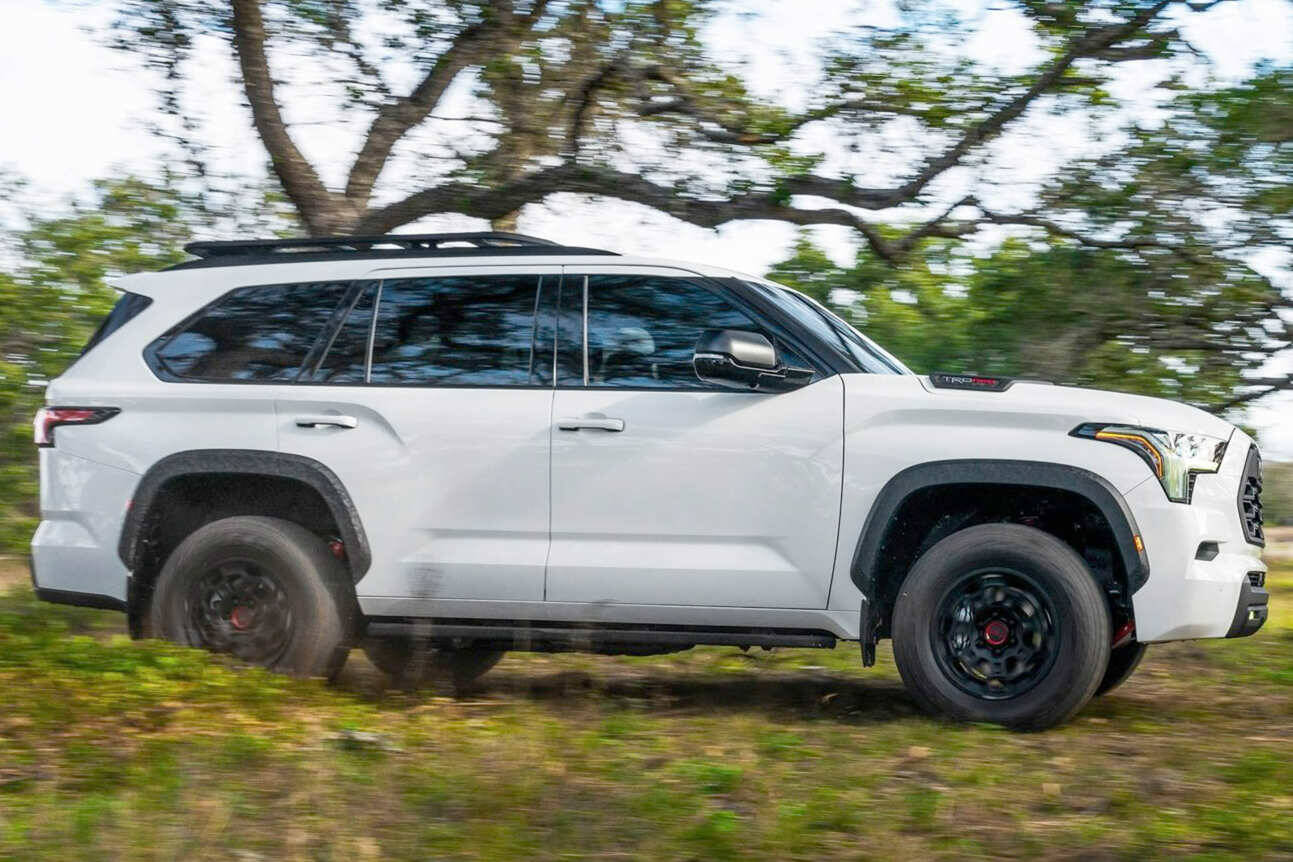 For 2023, the Sequoias V-8 has been replaced by a twin-turbocharged 3.5-litre V-6 and an electric motor. Output is rated at 437 horsepower and 583 pound-feet of torque, compared with the V-8s 381 horsepower and 401 pound-feet. PHOTO: TOYOTA
