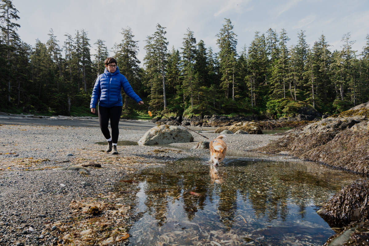 The Tla-o-qui-aht Tribal Parks ʔiisaak Pledge encourages small actions like keeping your dog on a leash to better sustain the land. Photo credit: Jaiden George/ZenSeekers