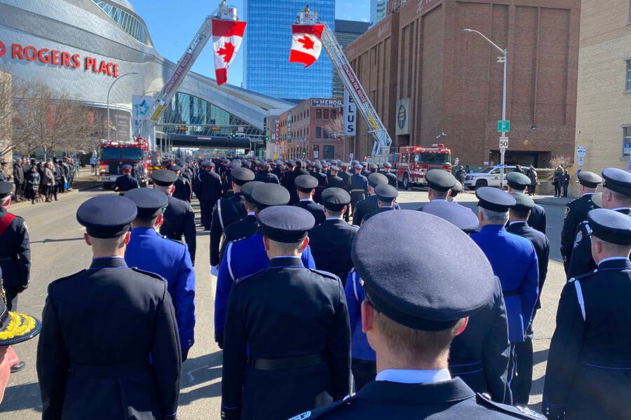 Greater Victoria officers are showing solidarity attending the regimental funeral for two Edmonton Police Service officers killed in the line of duty earlier this month. (VicPD/Twitter)