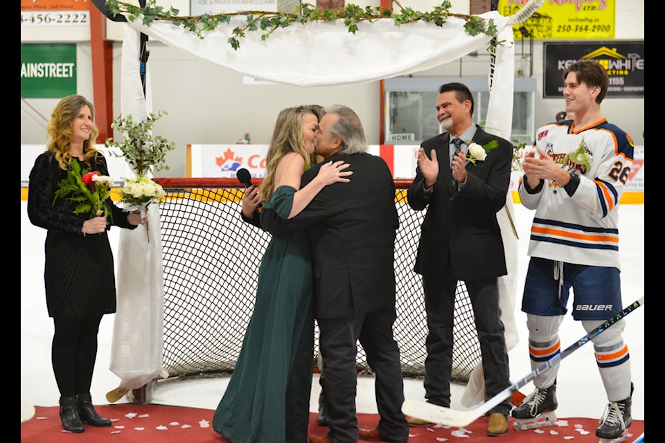 Richard Stinn and Shelagh Stinn-Lewis provided one of the biggest cheers after getting married at centre ice at the Hawks Nest during a Nitehawks game on New Years Eve.