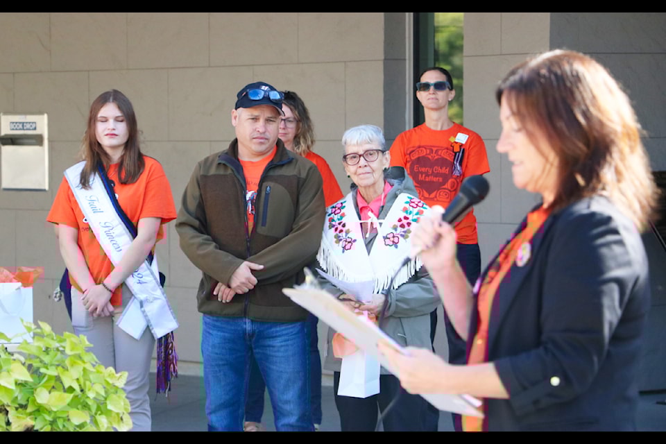 Trail Mayor Colleen Jones and Sinixt Confederacy member Herb Alex welcome all who participated in the National Day for Truth and Reconciliation on Monday, Sept. 30 at the Riverfront Centre and the Royal Theatre.