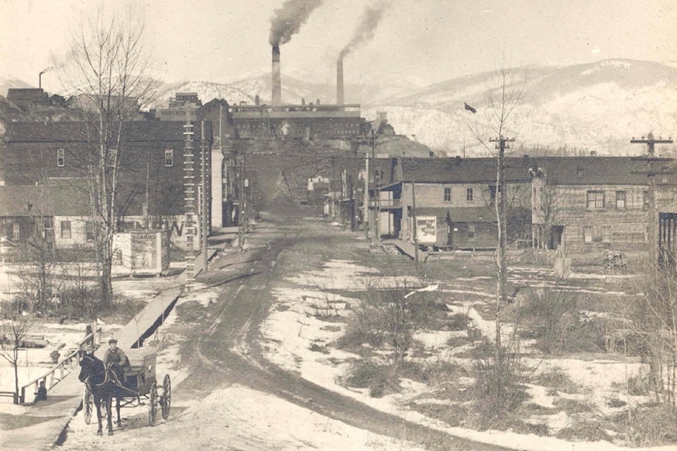 This photo captures Trail Creek Landing in 1898, looking down Bay Avenue where three of the newly installed lamps stand. In the Dec. 9, 1898 edition of the Trail Creek News, an article titled “Trail’s Arc Lights: This is the Best Lighted Town in the Province,” describes the installation of lights on Smelter Hill. The writer noted that “Superintendent Boyden this week completed the downtown circuit and turned on the eight standard arc lights of 2,000 candle power.”