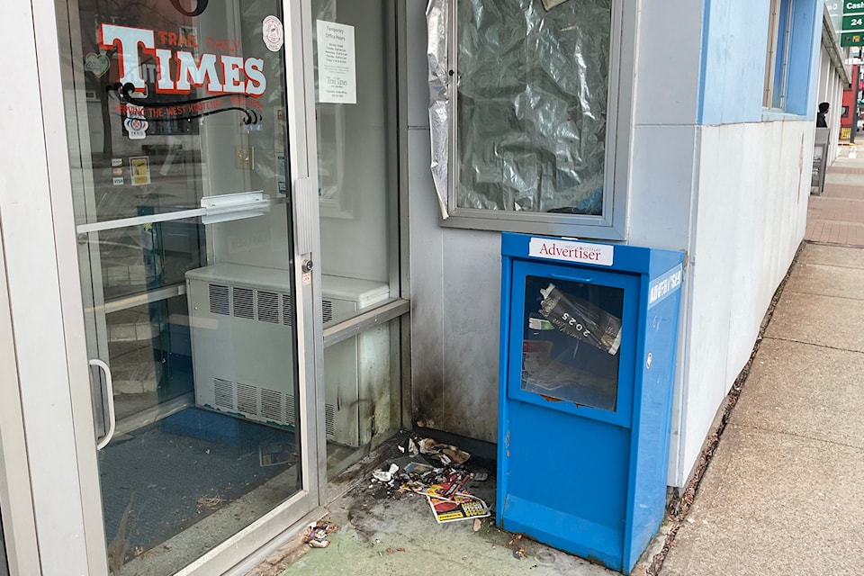A fire was set using Advertisers in the front of the Trail Times office over the first weekend of January. This was the most recent spate of vandalism the building has been subjected to over the past year. 
