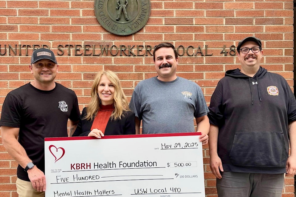 L-R: KBRH Health Foundation Board Director (centre) Rebecca Smyth, gratefully accepts this donation from the USW Local 480 representatives, President Chris Walker, Unit Chair Ron McKenzie, and Benefits Coordinator Leigh Creegan.  
