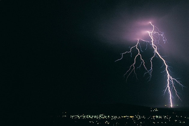 Bolt of lightning at night over Somerset West, South Africa