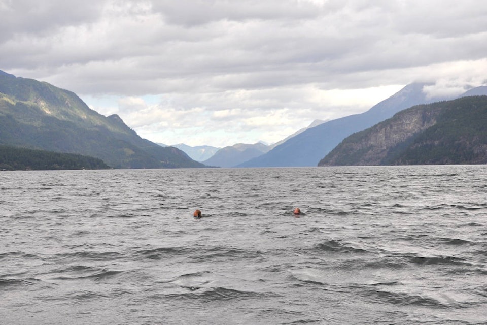 Ida Jenss leads Lily at the mid-way point of the swim across Kootenay Lake. Photos: Tyler Harper