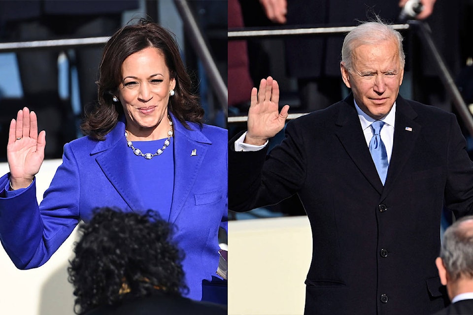 Kamala Harris and Joe Biden are sworn into office on Wednesday, Jan. 20, 2021, at the U.S. Capitol in Washington, D.C. (Saul Loeb/Pool Photo via AP)