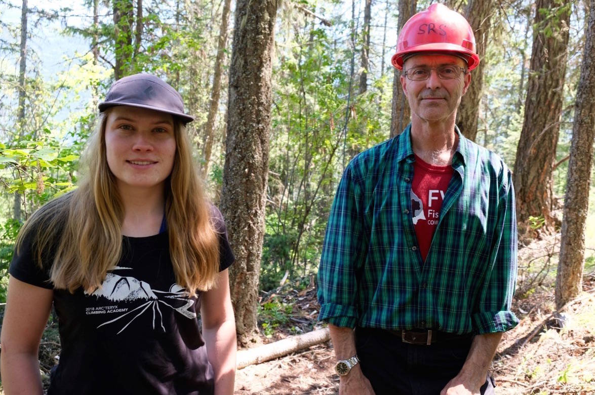 Bat researcher Emily de Freitas and habitat enhancement specialist Todd Manning at their research project in the forest above Beasley, B.C. Photo: Bill Metcalfe