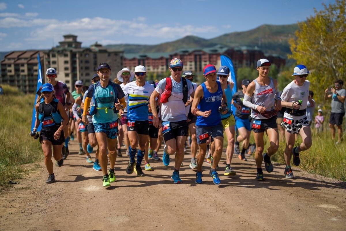 The hares, or fastest runners, begin the 160-km Run Rabbit Run ultramarathon in Colorado on Sept. 18. Nelsons Dave Stevens can be seen third from the right in blue. Photo: Paul Nelson