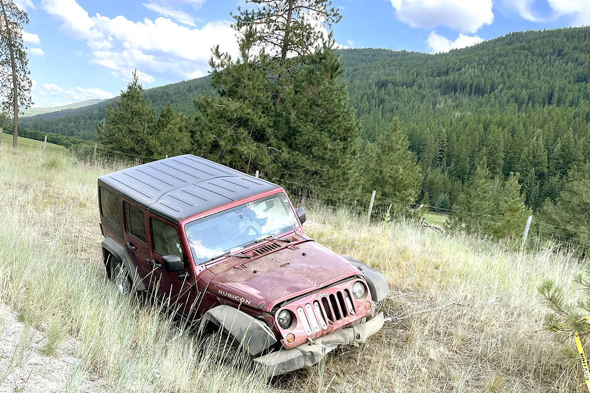A late-model Jeep stands on its wheels after flipping down a highway-side ditch near Greenwood, B.C. Thursday, July 9. Photo: Submitted