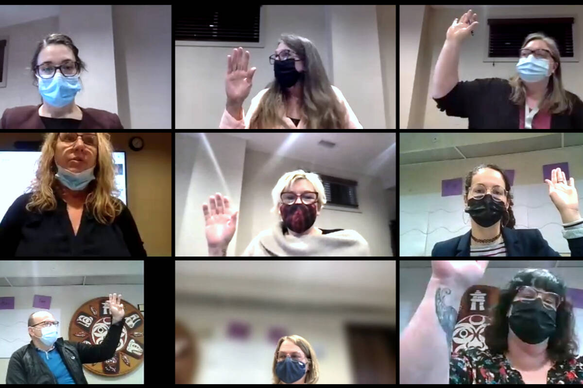 A show of hands by Boundary school board trustees shows full support for the school districts proposal to close Midway Elementary School in June. Photo: Screenshot