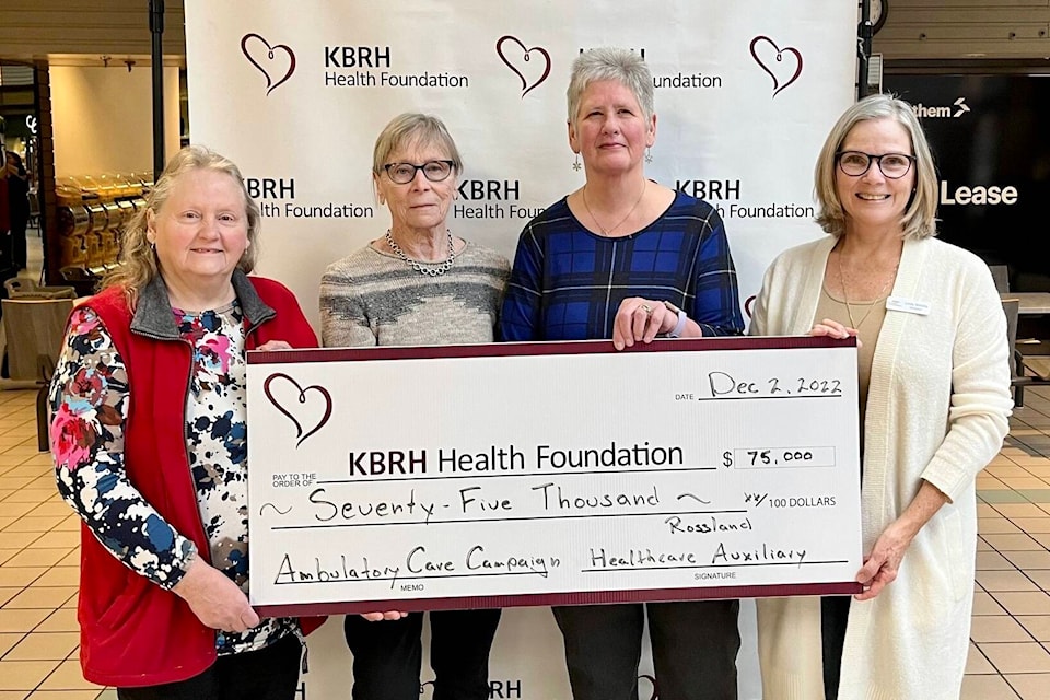 The Rossland Health Care Auxiliary has made a generous donation of $75,000 for the Ambulatory Care Campaign. This is the final installment of a $150,000 pledge made to support the Administration Area in the new Ambulatory Care Unit at KBRH. Lindy Welsby, KBRH Health Foundation Board Chair, accepts this donation from Rossland Health Care Auxiliary members Linda Cant, Michele Cordiez and Valerie Cross (right to left). Photo: Submitted