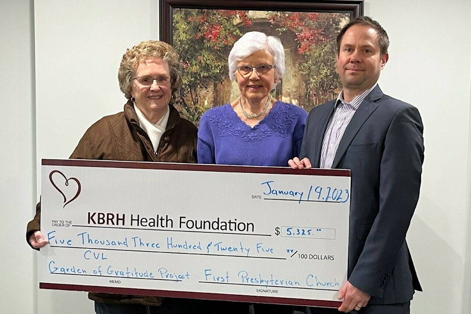 The KBRH Health Foundation has received a $5,325 donation from the members of the First Presbyterian Church of Trail. This donation will support the Columbia View Lodge Garden of Gratitude Project, prioritizing restoration of the garden courtyard areas at Columbia View Lodge, ensuring they are fully accessible and usable. L-R: Mission Committee Members, Lottie Bonin and Esther Brown presented this donation to Doug Sperry, KBRH Health Foundation Board Member. Photo: Submitted
