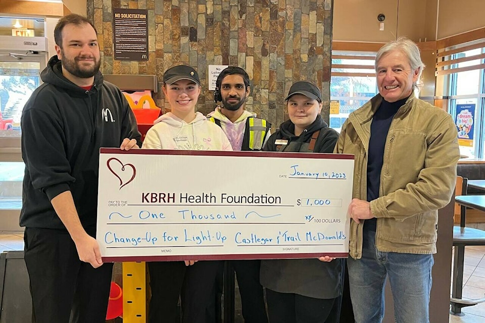 McDonald’s in Trail and Castlegar have donated $1,000 raised during Change-Up for Light-Up, to the KBRH Health Foundation’s Ambulatory Care Campaign. Trail McDonald’s team members presented the donation on behalf of the Trail and Castlegar teams, to KBRH Health Foundation Board Secretary, John Sullivan. Photo: Submitted