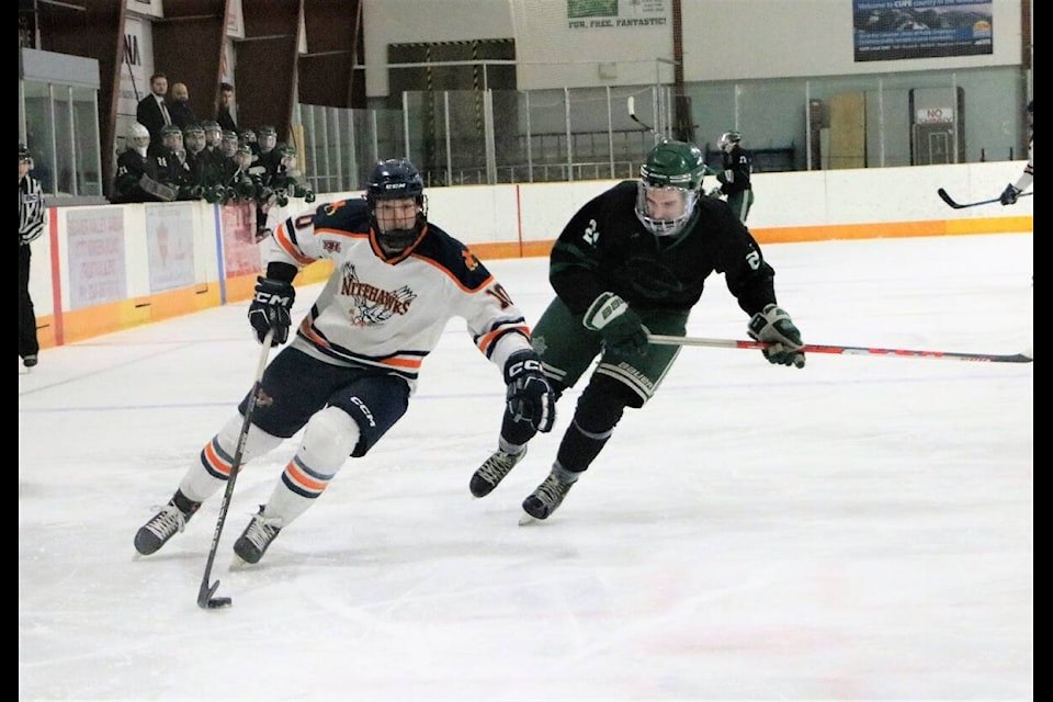 Beaver Valley Nitehawks forward Timothy Jozsa drives to the net in the Hawks final game of the season, a 6-3 setback to the Nelson Leafs. Photo: Jim Bailey