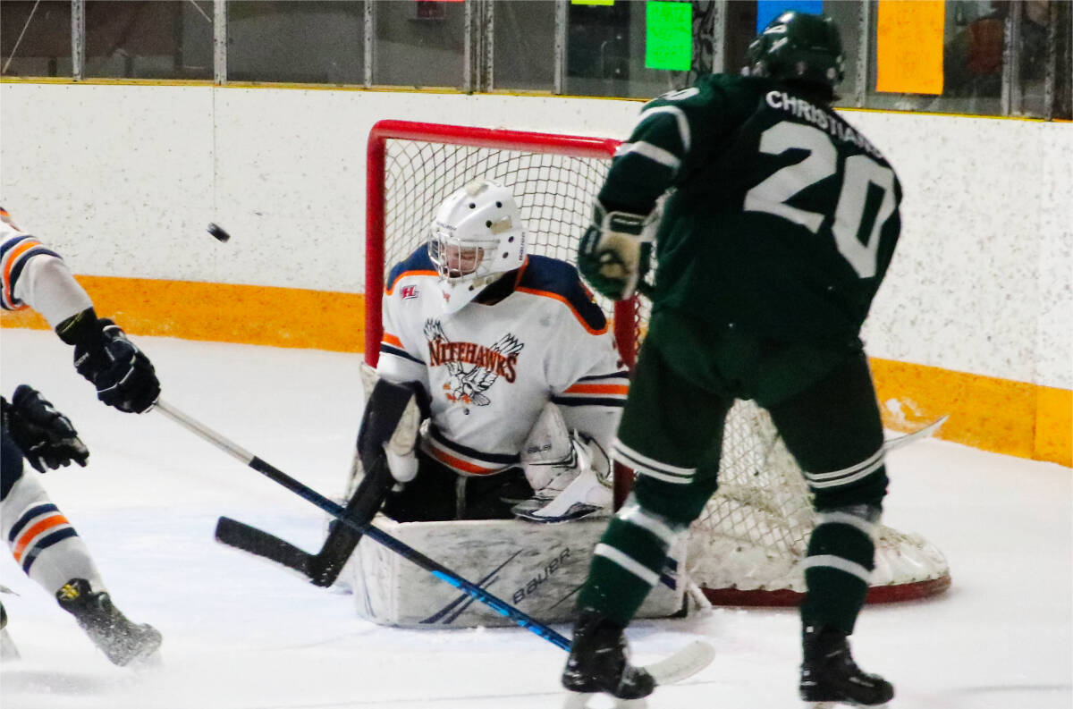 Nitehawks goalie Connor Stojan stopped 50 shots in a 4-3 victory over the Nelson Leafs. Photo: Jim Bailey