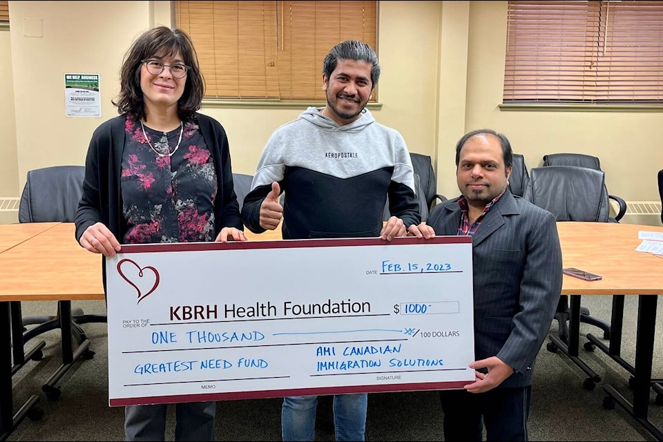 AMI Canadian Immigration Solutions has generously donated $1,000 to the Greatest Need Fund. Donations to the Greatest Need Fund assist in purchasing priority medical equipment as well as patient care and comfort items for any department at KBRH, Columbia View Lodge, Poplar Ridge Pavilion or Community Health. L-R: Lisa Pasin, KBRH Health Foundation Executive Director, accepts this donation from Dhijin Devassy, Administrative Assistant, and Amit Madaan, Owner.