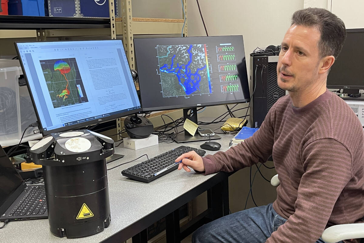 Program manager Ben Whitby shows a digital tidal current model of the waters off Yuquot at the University of Victorias Pacific Regional Institute for Marine Energy Discovery (PRIMED) lab in North Saanich March 3. (Austin Westphal/News Staff)