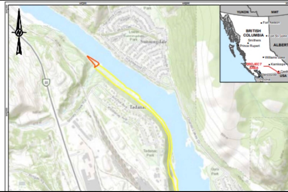 Small red triangle is the area Teck is requesting in its licence of occupation. Image: Teck