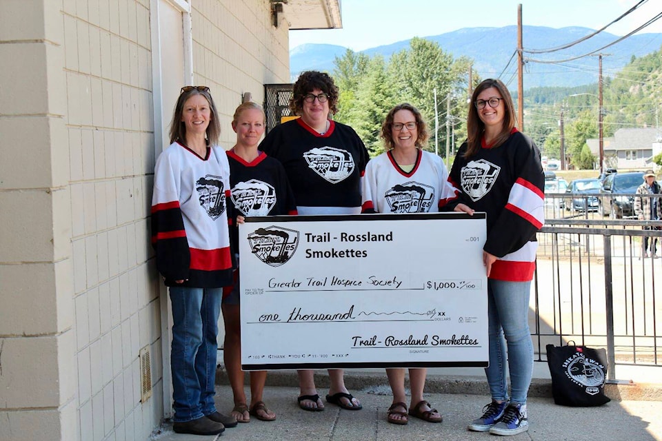The Smokettes donated $1,000 to the Greater Trail Hospice Society. L-R: Bridget Kivell, Leanne Hall, Jennifer Savage (hospice), Allison Toner and Kristin Landre. Photos: Submitted.