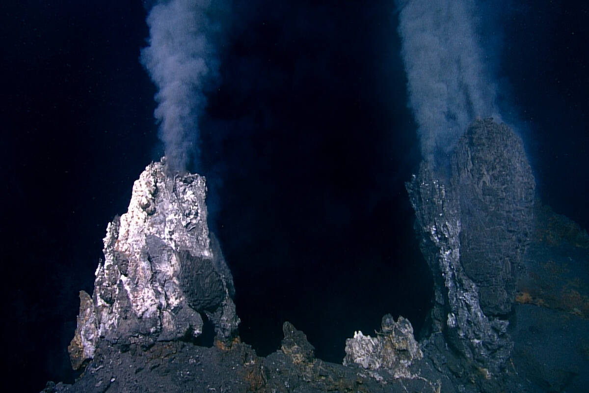 ROPOS captured footage of shimmering water and black smoking chimneys at the hydrothermal vents at Explorer ridge, two decades since they were last explored. (Courtesy of the Northeast Pacific Deep Sea Expedition)