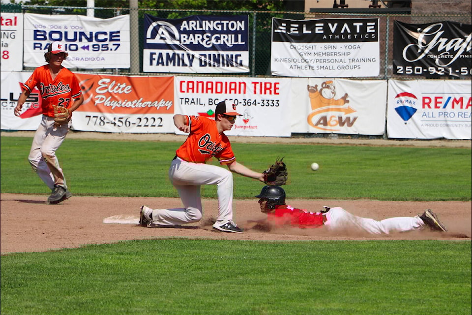 Despite some good play, errors and lack of execution came back to haunt the Trail U18 Orioles as they fell in all five games to the Kamloops RiverDogs by a combined total of eight runs. Photos: Jim Bailey