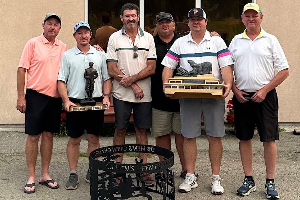 Dave Venman won the 76th annual Birchbank Men’s Open on Sunday with a 7-under 137. From left: Derrick Simister (committee), Scott Browell Senior champion, Mike Cullinane Overall Low Net, Brett McLaren (committee), Dave Venman Open champion, and Aaron Stoushnow Senior Low Net champion. Missing Rob Harasin (committee). Photo: contributed
