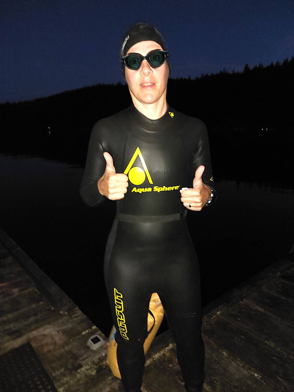 Jen Soti at the start of her 15-kilometre swim at Harrison Lake in the early hours of Thursday, Aug. 17, 2023. (Contributed photo)