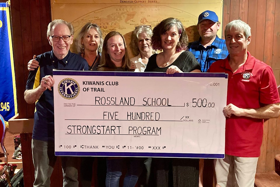 Kiwanis Club of Trail has donated $500 to StrongStart at Rossland Summit School (picture) and Fruitvale Elementary School. . L-R: Wayne Hodgson, Kiwanis; Yogi Vlanich, Kiwanis; Jodi Campbell, StrongStart; Jackie McLean, Kiwanis; Jamie Santano, StrongStart Coordinator; Mike Flux, Kiwanis; Chris Vlanich, Kiwanis. StrongStart is a free, school-based early learning program for children up to five years of age, and their parent/caregiver. Photo: Submitted