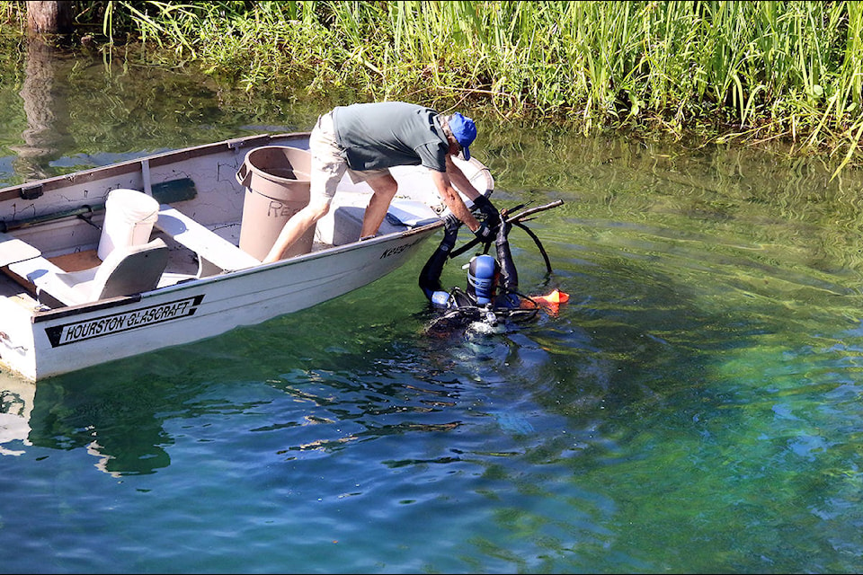 A boater and a diver work together to help clean up the Cowichan River near the Lake Cowichan car bridge on Saturday, Aug. 18. (