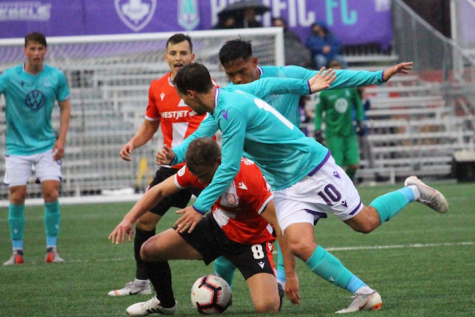 Calgary’s Cavalry FC defeated Pacific FC 2-0 Wednesday night at Westhills Stadium. The teams will face off again on May 22 as part of the Canadian Championship. (Shalu Mehta/News Staff)