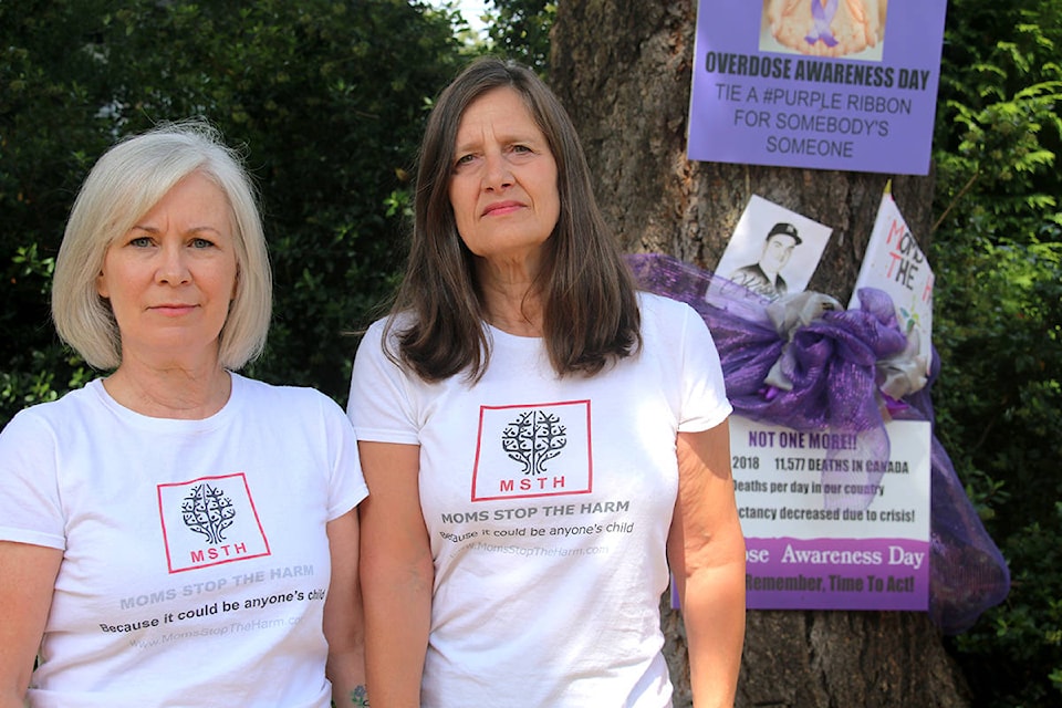 Jennifer Howard and Nancy Murphy pose in front of a tree in Howard’s front yard that’s been decorated in support of International Overdose Awareness Day, taking place on Aug. 31 at Centennial Square from 12:30 p.m. to 4 p.m. (Kendra Crighton/News Staff)
