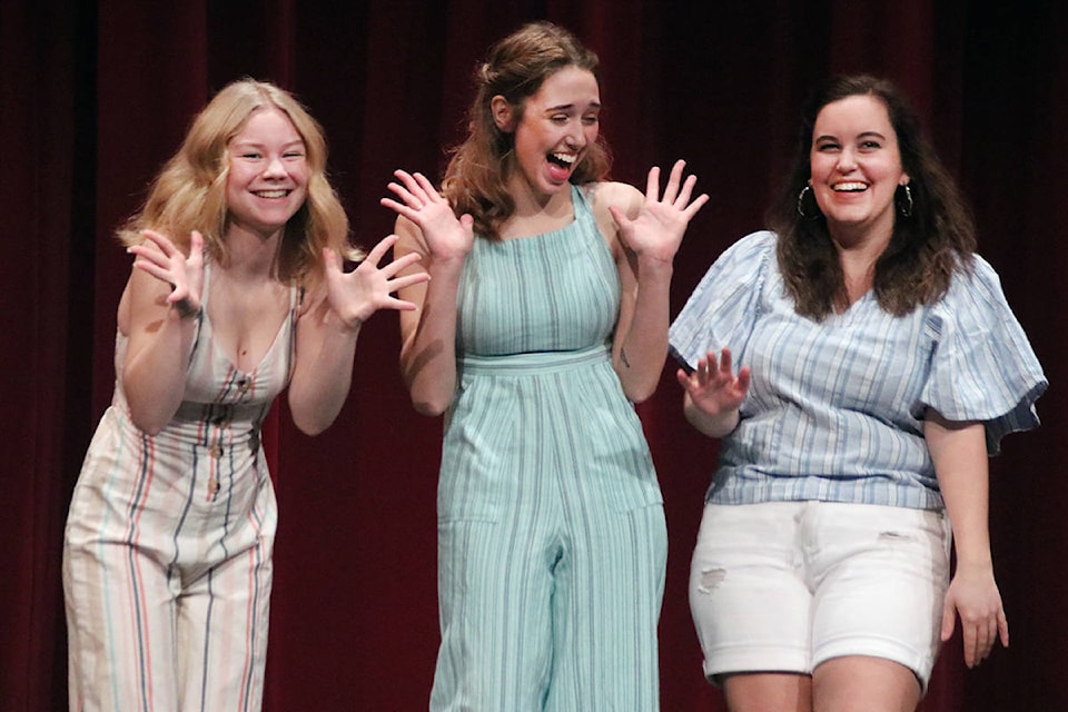 The girls, Ali (Mackenzie Lee), Sophie (Veronica Meyer), and Lisa (Kari Cowen), have some fun at a rehearsal for Mamma Mia!. (Lexi Bainas/Citizen)