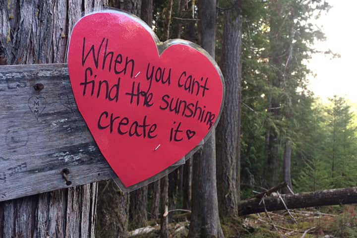 Maghen Girard posted laminated hearts with inspiring messages along the Stokes Falls trail on Saturday, March 21, 2020 as part of Port Alberni’s community heart hunt. (SUBMITTED PHOTO)
