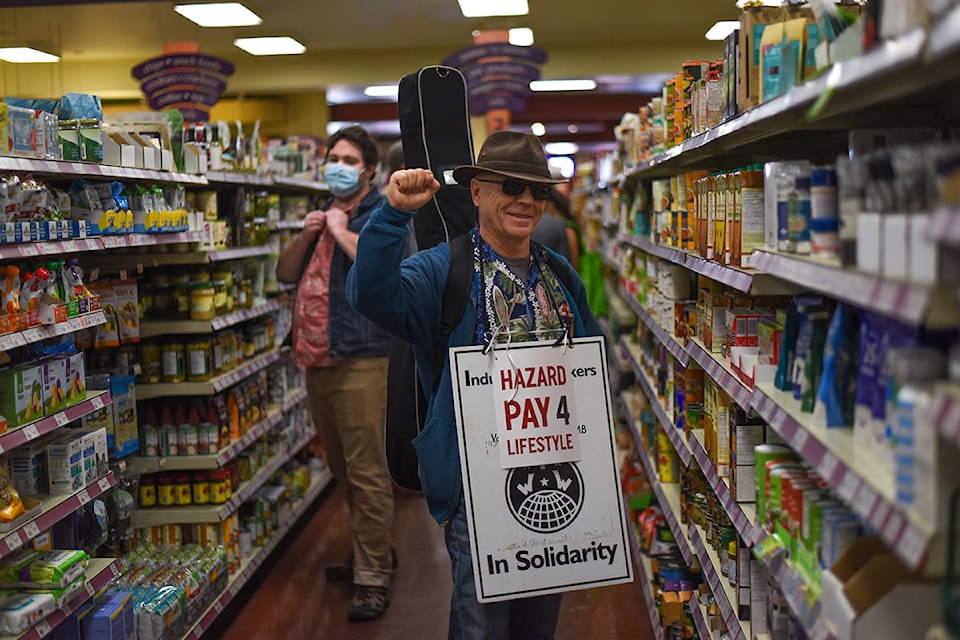Protesters stage a “noise demo” at the Lifestyle Market on Douglas Street on April 16. (Photo by Mike Graeme)