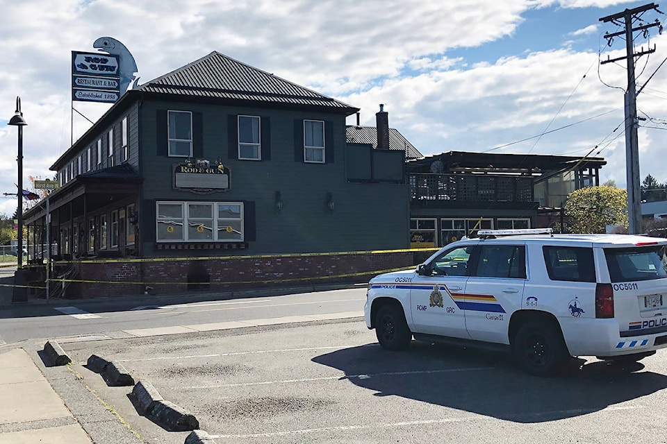 A police vehicle near a taped-off Rod & Gun Bar and Grill in Parksville on Saturday, April 18. Fire crews were called in to deal with a blaze earlier in the morning. (Peter McCully/PQB News)