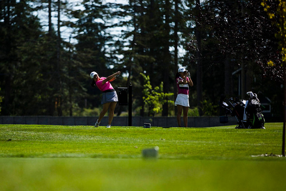 Dana Smith, 15, of Campbell River tees off during day 2 of Golf BC’s amateur women’s provincial championship at the Campbell River Golf and Country Club in Campbell River, B.C. on Aug. 26, 2020. Photo by Marissa Tiel – Campbell River Mirror