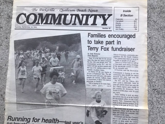 Linda Wray crossing the finish line during the 1993 Terry Fox Run, featured in Parksville Qualicum Beach News. (Photo submitted)