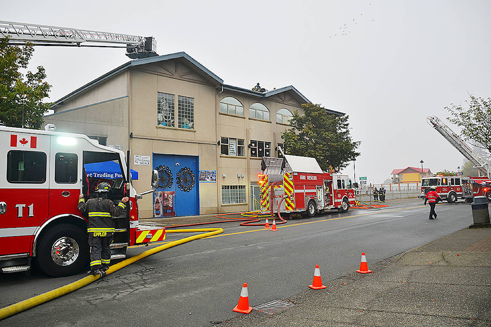 The Campbell River Fire Department had a full call out Tuesday morning to 871A Island Highway to attend the second incident in two days at that location. On Sunday night a fire broke out in Miki’s Sesame Sushi restaurant. Photo by Alistair Taylor – Campbell River Mirror