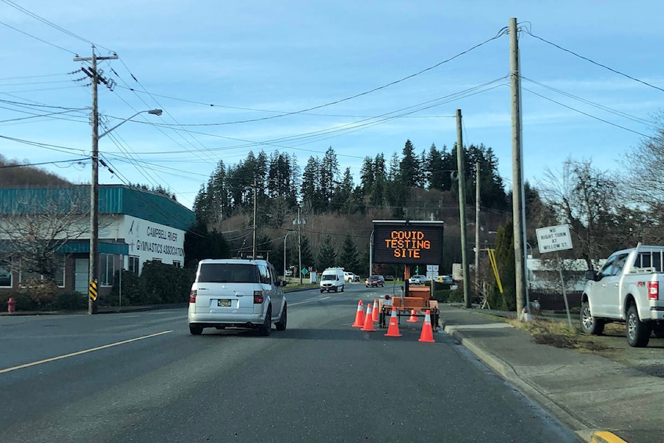 A sign outside Marwalk Crescent directs people to the COVID-19 testing centre in Campbell River. Photo by Binny Paul.