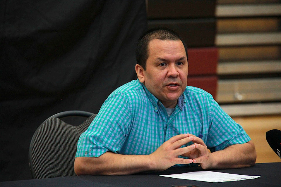 Songhees Nation Chief Ron Sam read the South Island First Nations’ public letter, calling for solidarity and respect and an end to vandalism in the region. (Jane Skrypnek/Black Press Media)