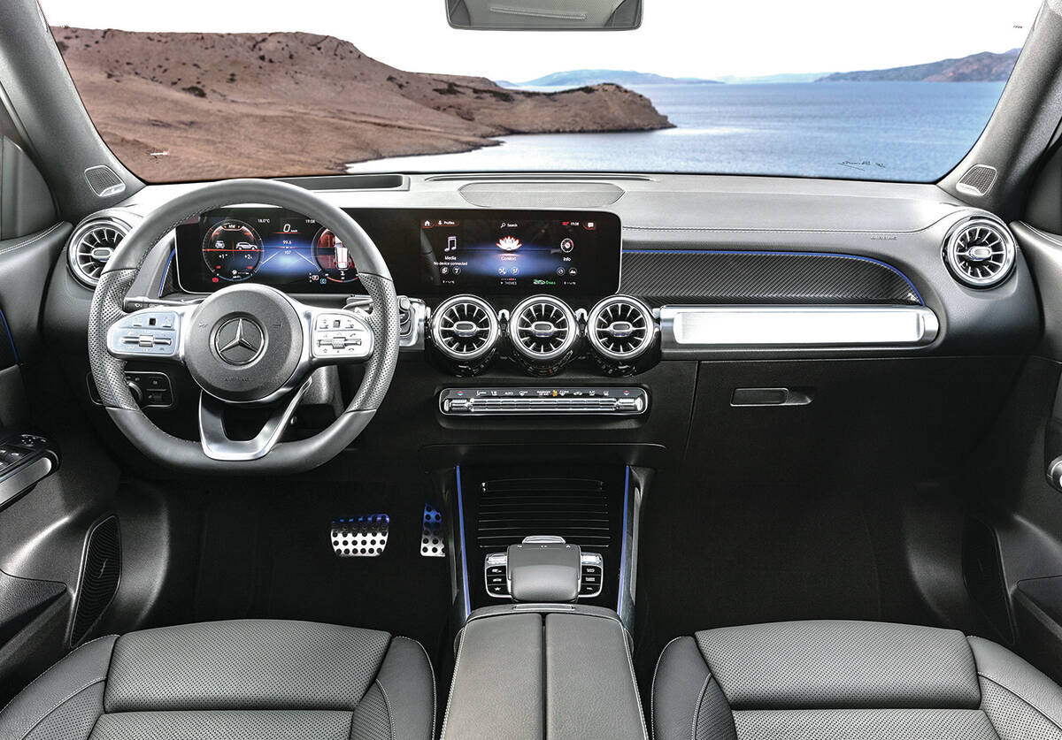 The optional dash layout with larger screens uses the latest MBUX interface with voice-command tech. Just say Hey Mercedes to begin your instructions. PHOTO: MERCEDES-BENZ