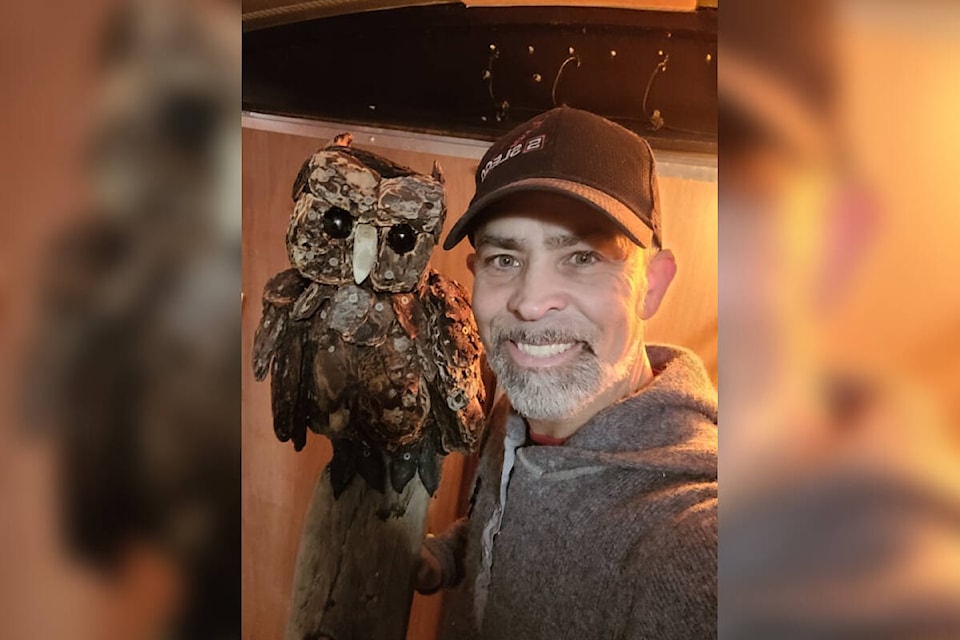 Local artist Paul Lewis has installed three driftwood owl sculptures along a trail in Colwood as part of a pop-up art display. (Photo courtesy of Paul Lewis)