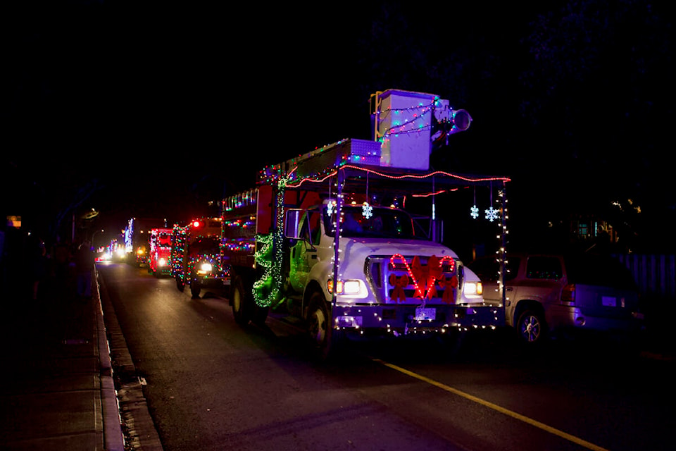 More than 80 trucks covered in holiday decorations rolled through Greater Victoria’s street Saturday night, during the 23rd IEOA Truck Light Convoy and Food Drive. (Justin Samanski-Langille/News Staff)