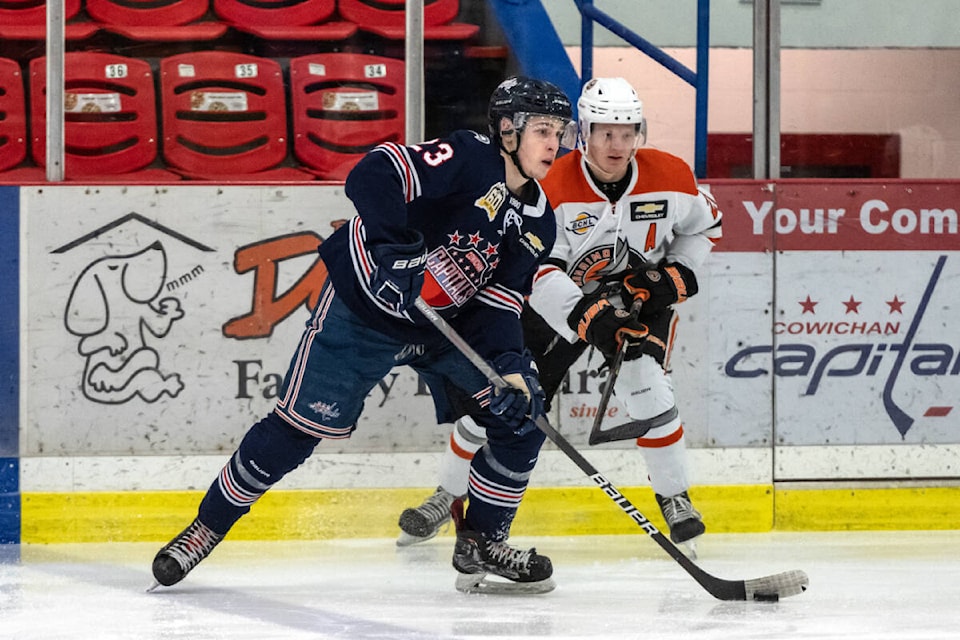 Luke Haymes had three goals and an assist over two games last weekend as the Cowichan Valley Capitals clinched a spot in the BCHL playoffs. (Todd Blumel photo)
