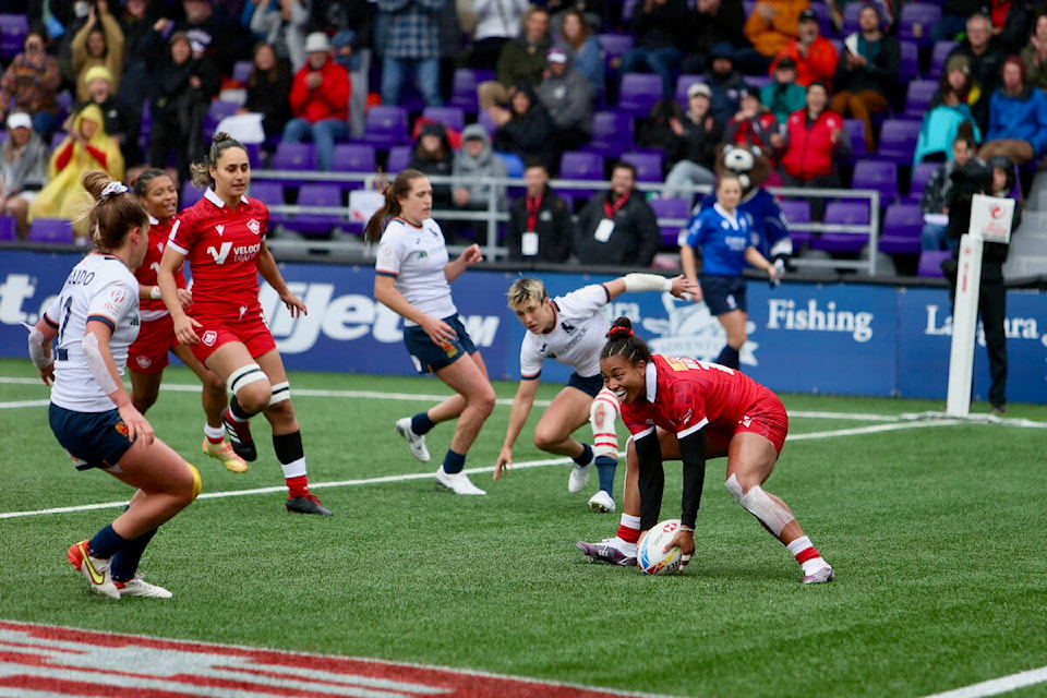 Canada’s Keyara Wardley smiles as she scores a try against Spain during the HSBC World Rugby Sevens Series stop at Starlight Stadium Saturday, April 30, 2022. (Justin Samanski-Langille/News Staff)